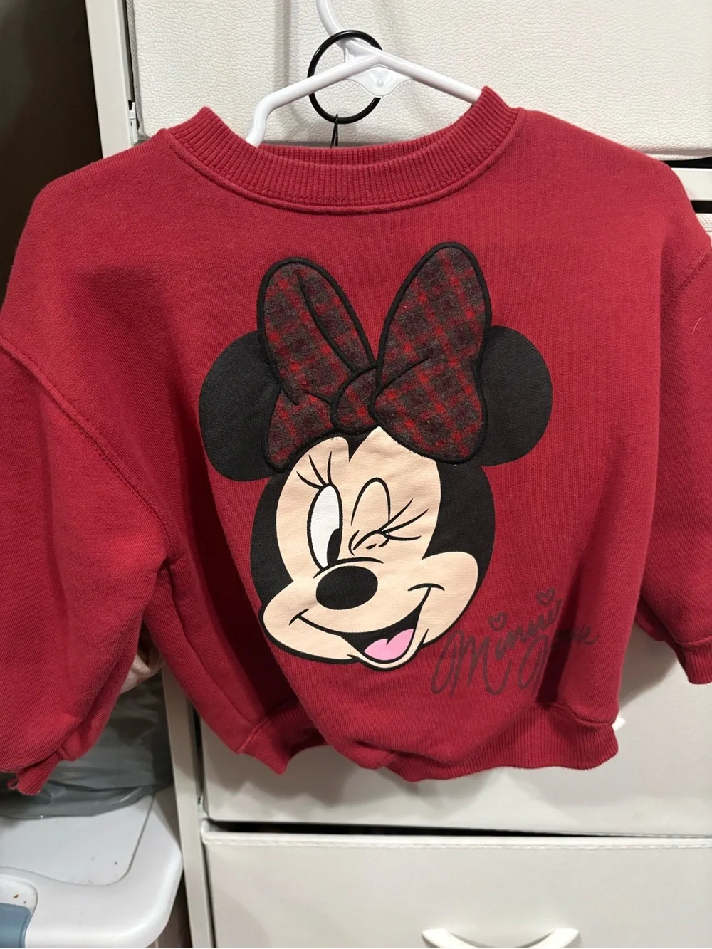 Zara Red Minnie Mouse Sweatshirt with Plaid Bow Detail